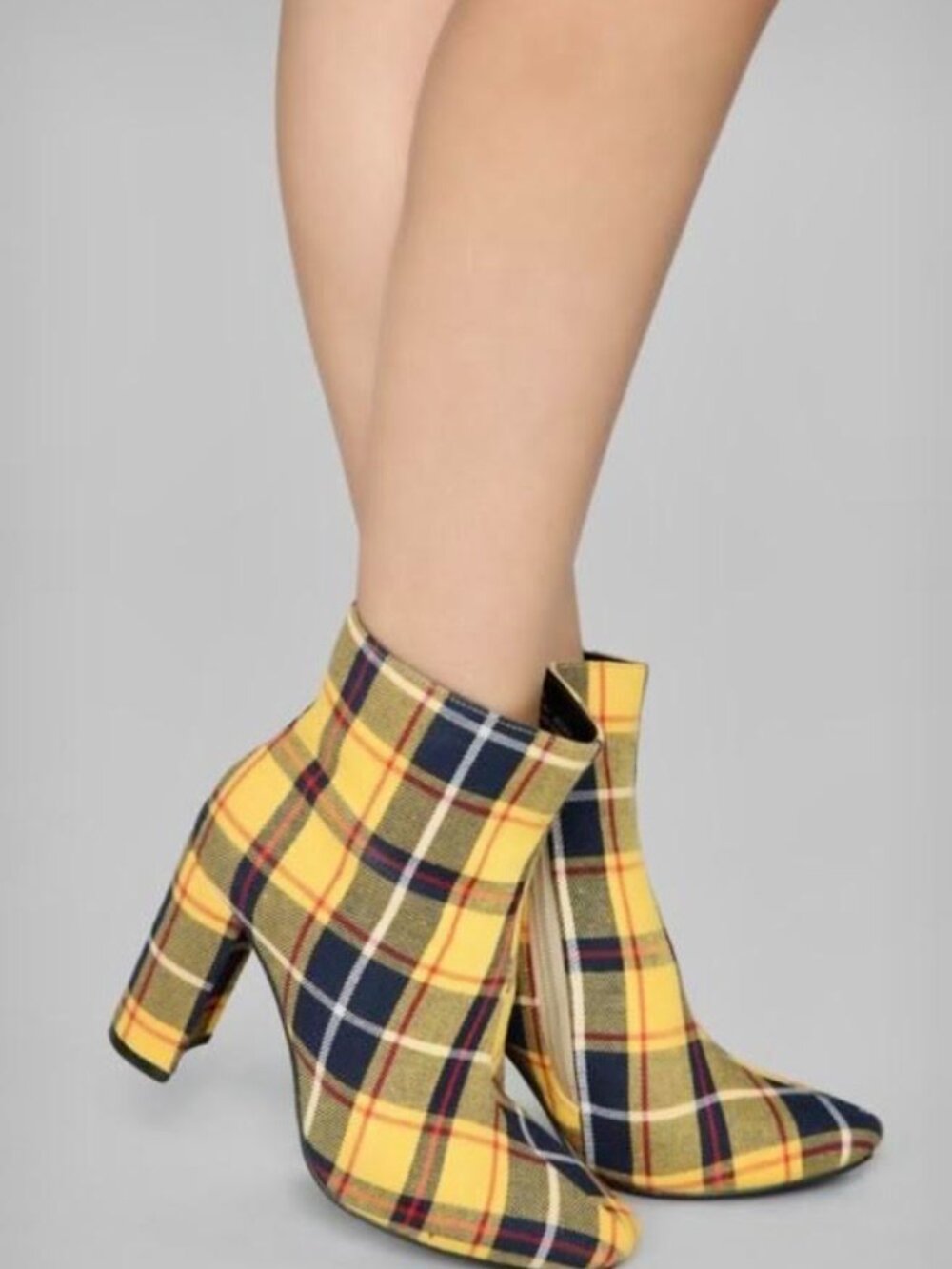 Elaska-S Yellow Plaid Pointed Toe Block Heel Side-Zip Ankle Boots Booties Size 8